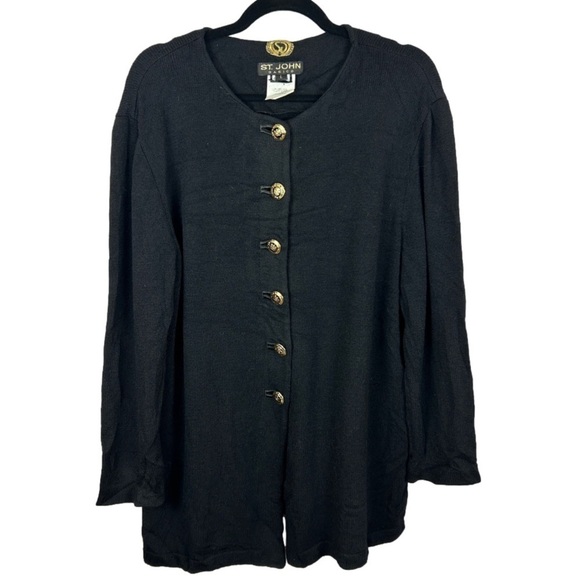 St. John Basics Santana Knit Button Front Sweater Cardigan Large Black - Picture 1 of 13